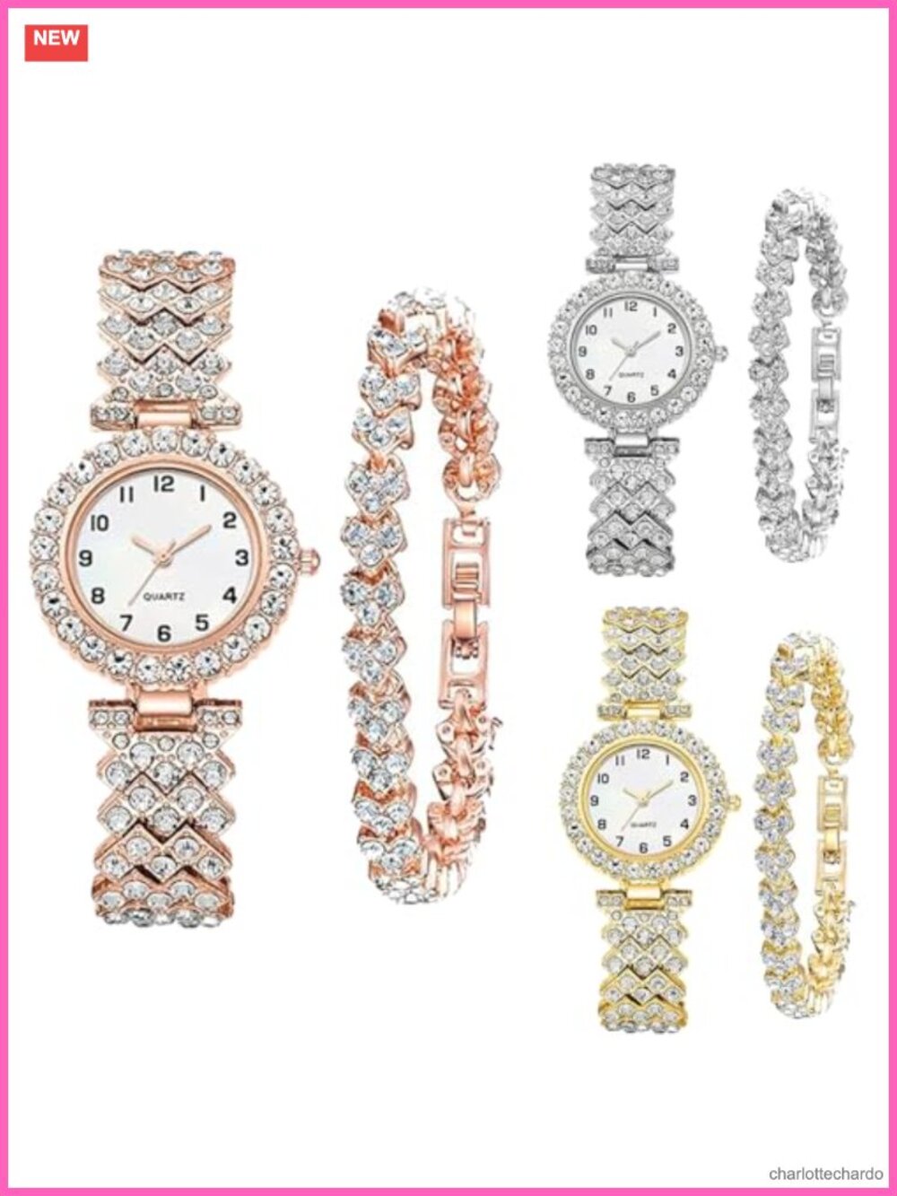 6 Pack Set Diamond Watches and Bangle Bracelet for Women Analog Quartz